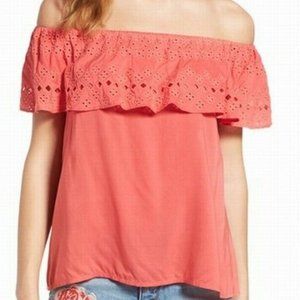 SANCTUARY PINK EYELET OFF THE SHOULDER TOP SIZE L